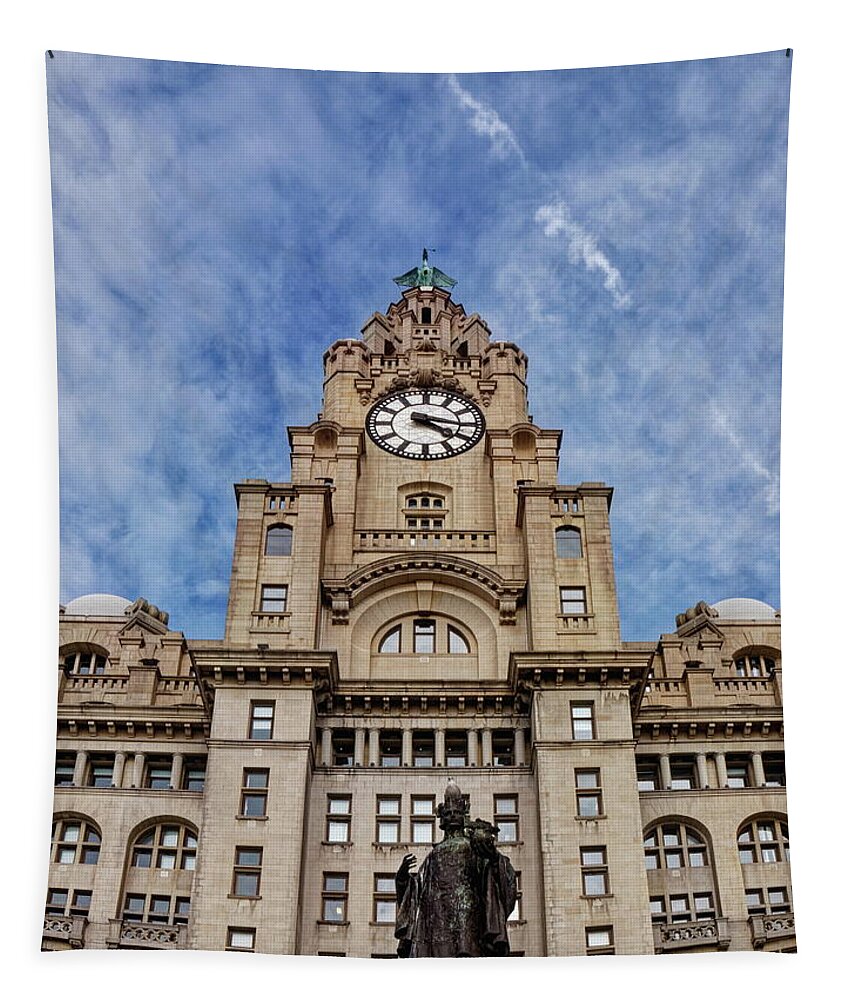 Building Tapestry featuring the photograph The Liver Building And The Alfred Lewis Jones Memorial by Jeff Townsend