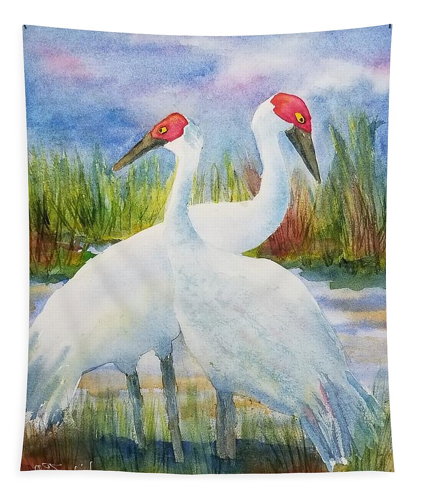 Sandhill Cranes Tapestry featuring the painting The Locals by Ann Frederick