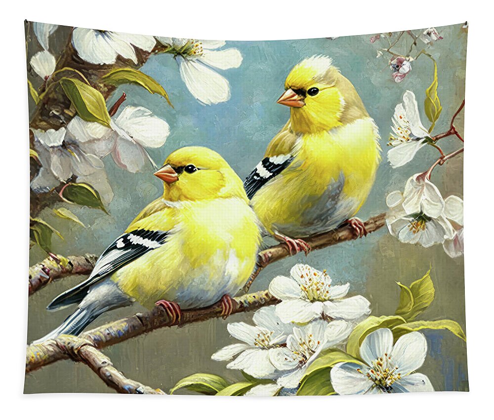 American Goldfinches Tapestry featuring the painting The Lovely Goldfinches by Tina LeCour
