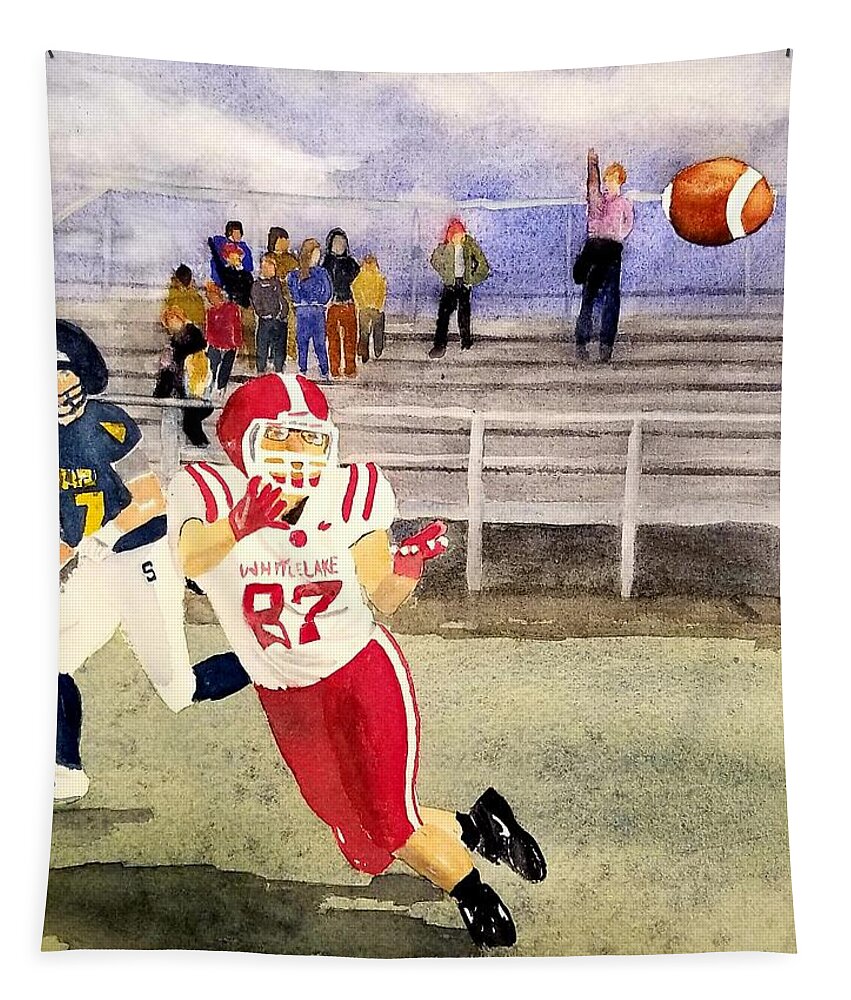 Football Tapestry featuring the painting The Lucas Catch by Ann Frederick
