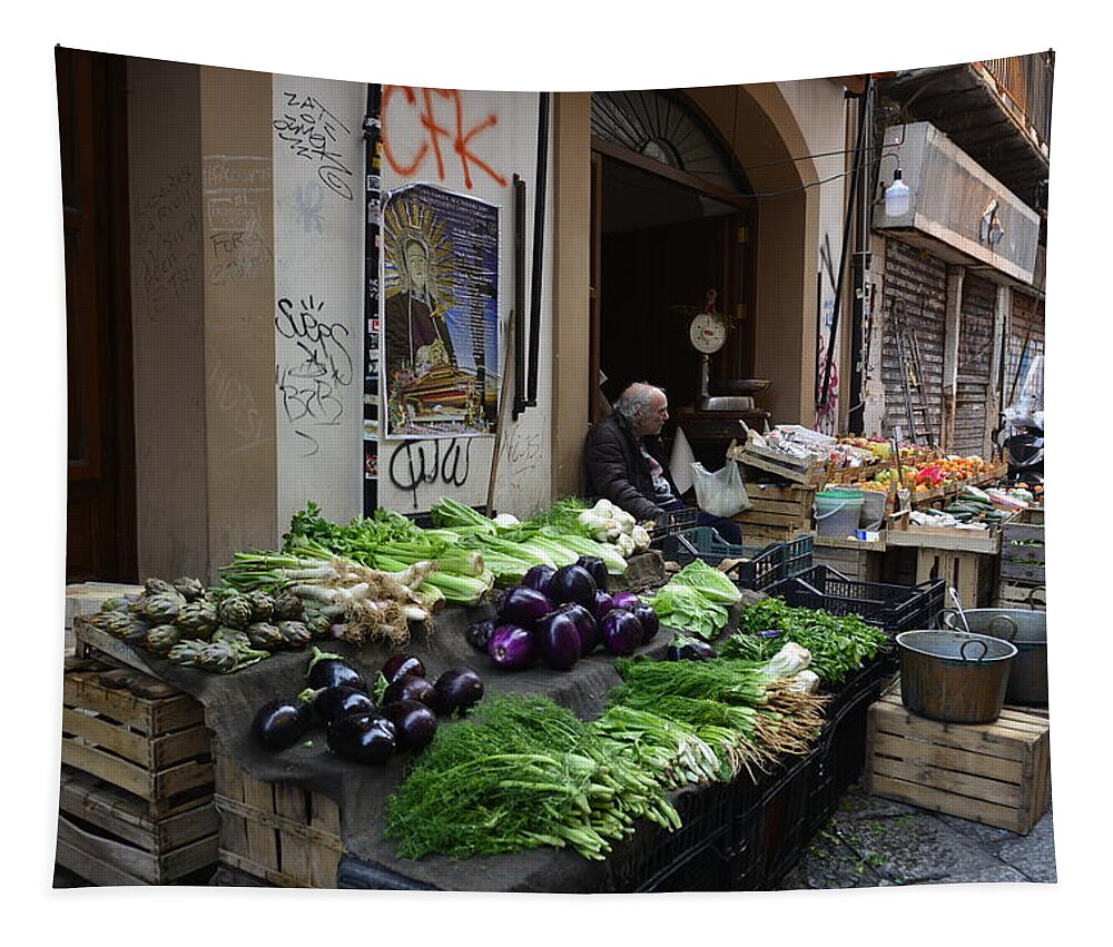 Market Tapestry featuring the photograph The Market in Palermo, Sicily by Regina Muscarella