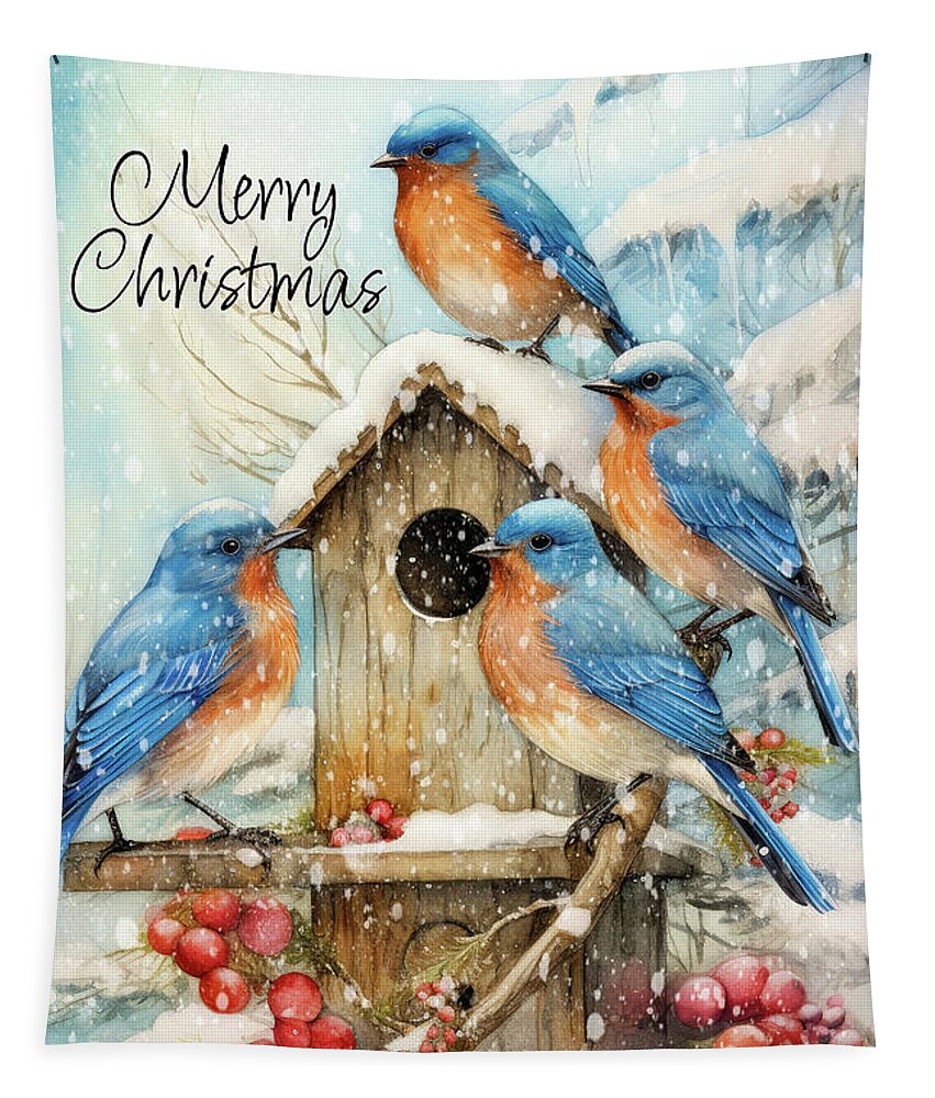Merry Christmas Tapestry featuring the painting The Merry Christmas Bluebirds by Tina LeCour
