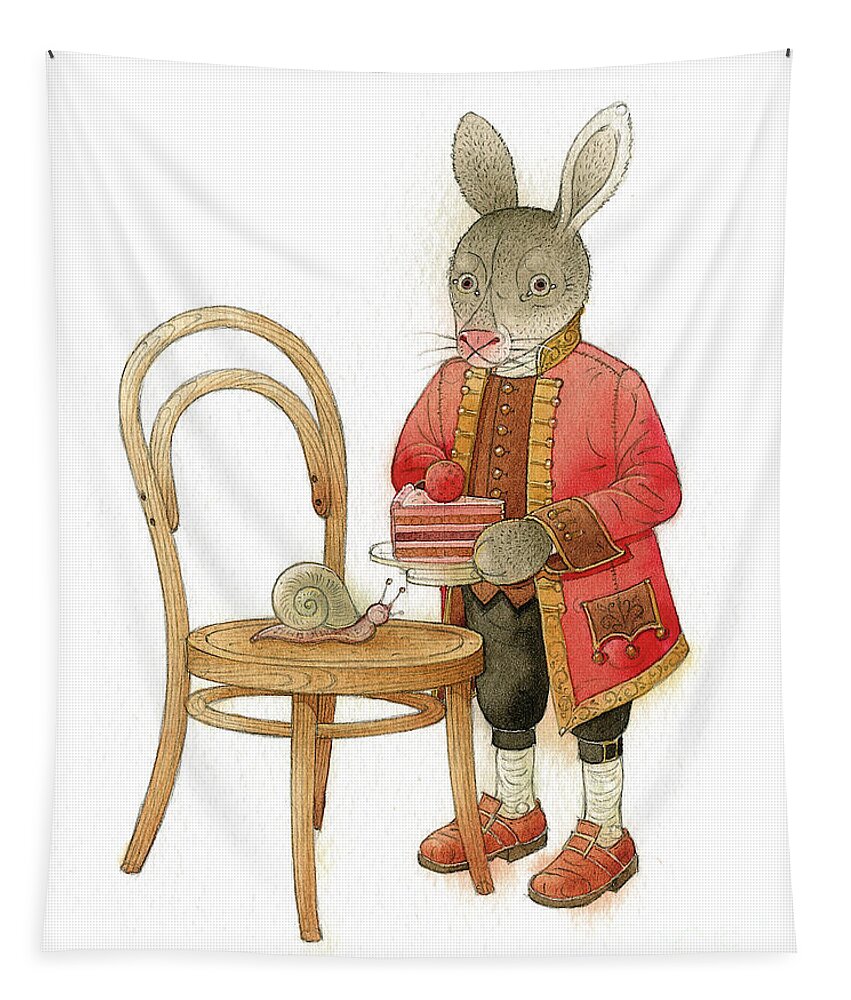 Rabbit Chair Snail Cake Pie Strawberry Dinner Party Invitation Crime Detective Investigation Picture Illustration Coffee Tea Tapestry featuring the drawing The Missing Picture21 by Kestutis Kasparavicius