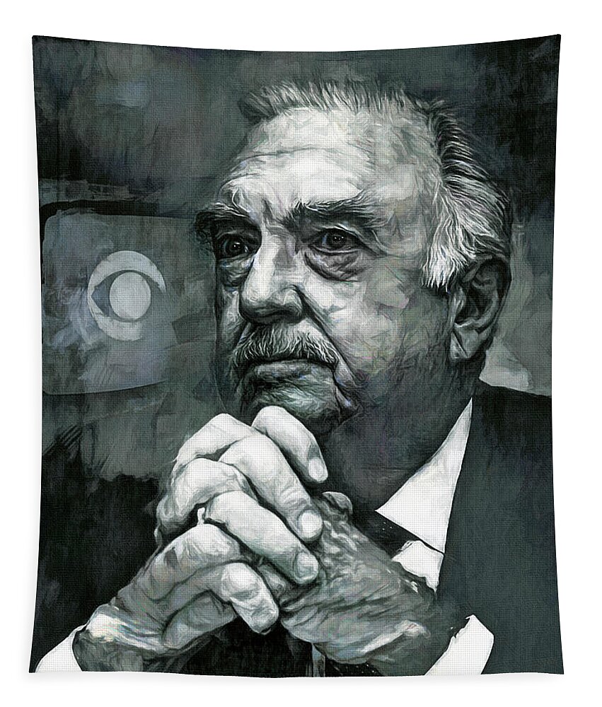 Walter Cronkite Tapestry featuring the mixed media The most trusted man in America by Mal Bray