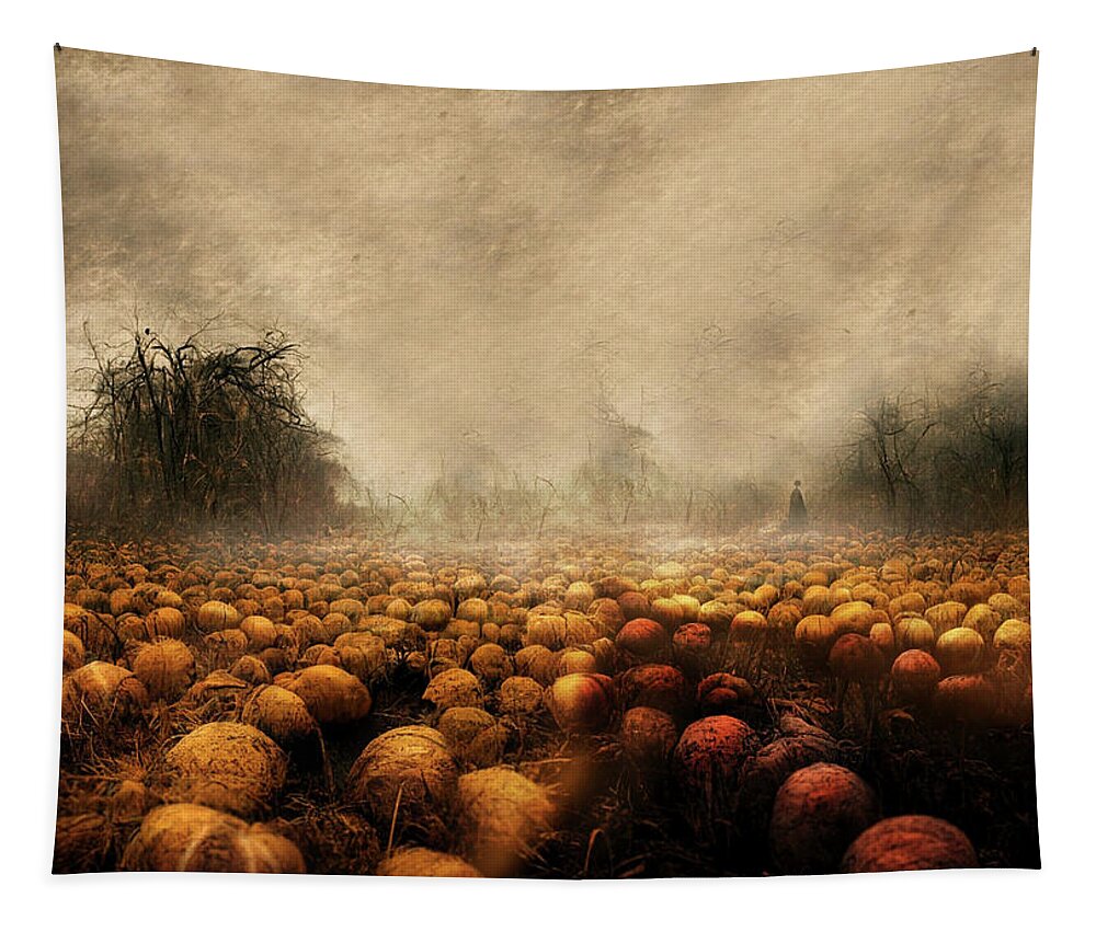 Halloween Tapestry featuring the mixed media The Mysterious Field of Pumpkins by Colleen Taylor