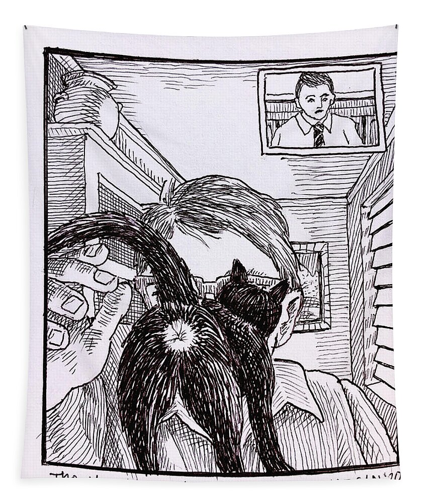 Cat Zoom Tapestry featuring the drawing The New Normal by Don Morgan