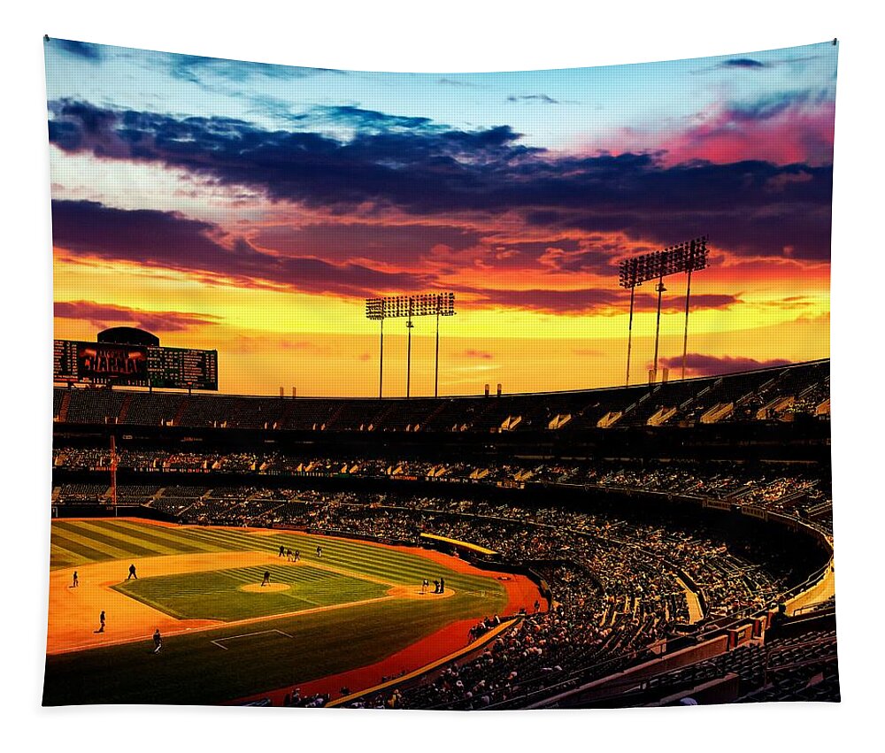 Oakland Tapestry featuring the digital art The Oakland-Alameda County Coliseum in sunset light by Nicko Prints