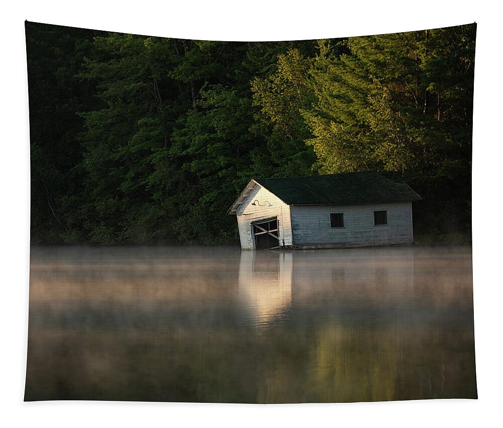 Mist Tapestry featuring the photograph The Old Boathouse at Sunrise by Denise Kopko
