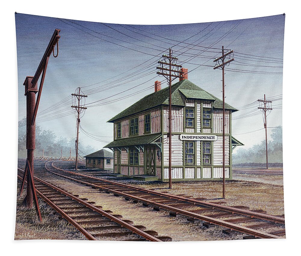 Architectural Landscape Tapestry featuring the painting The Old C and A Depot, Independence, MO by George Lightfoot