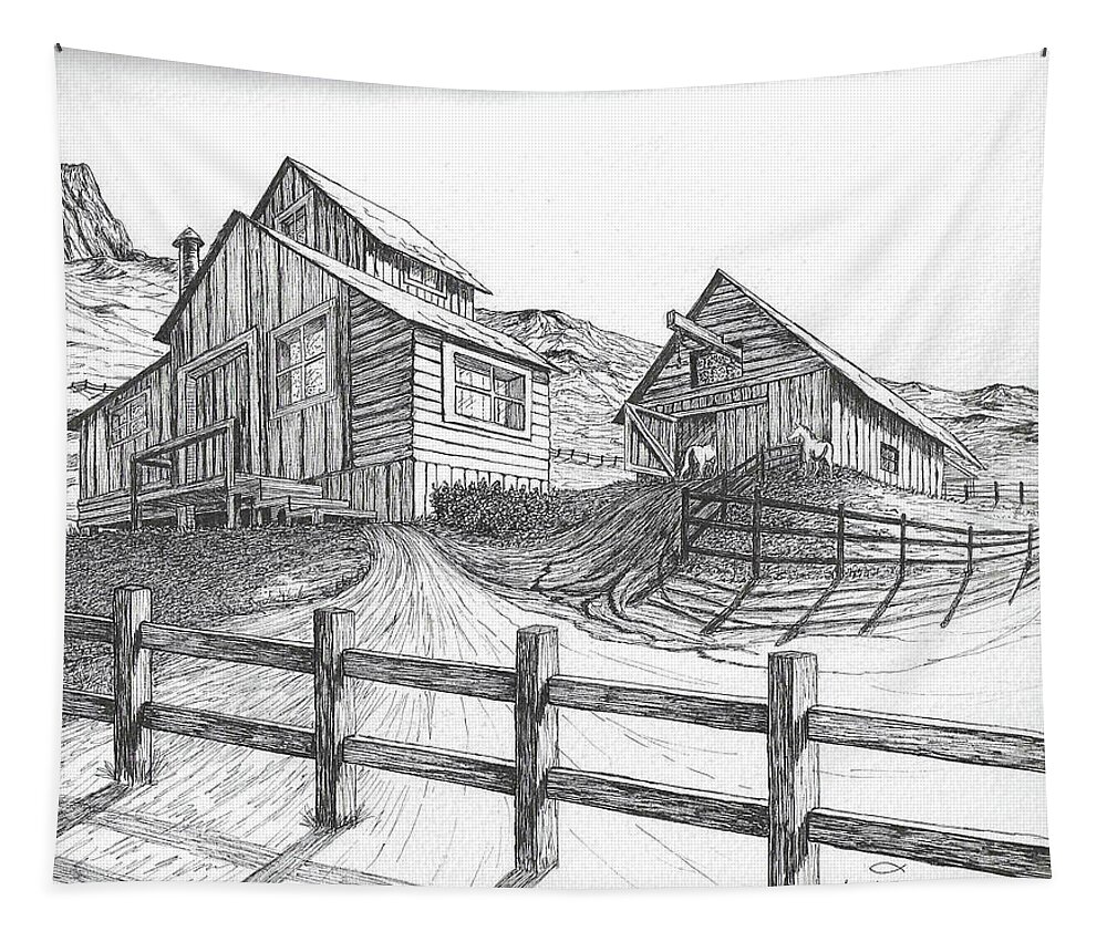Drawings Tapestry featuring the drawing The Old Homestead by Loxi Sibley