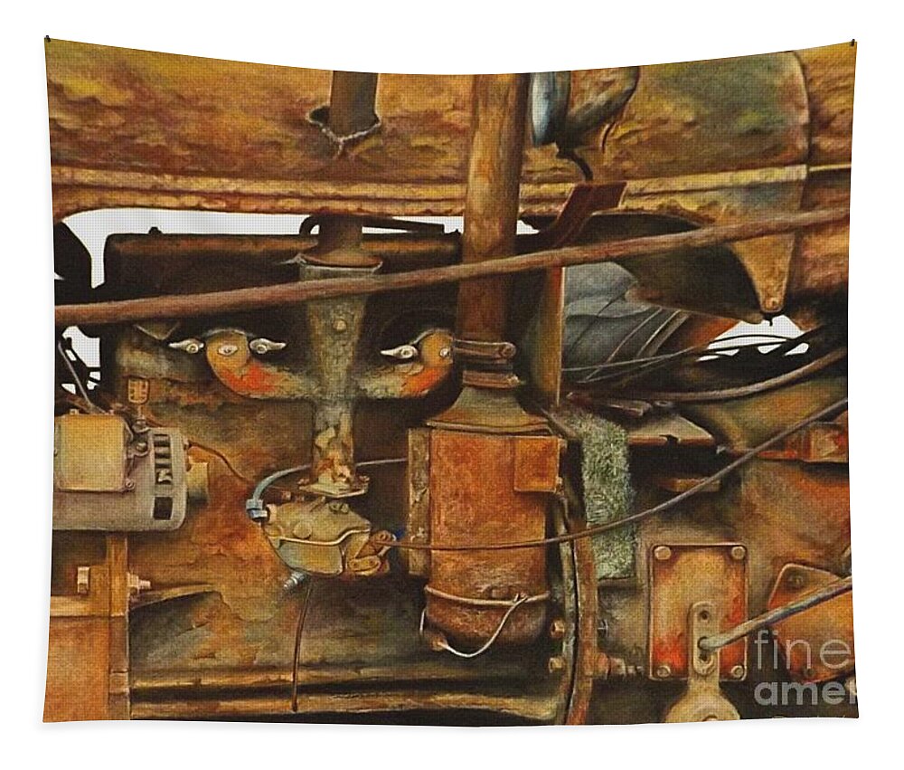 Rust Tapestry featuring the drawing The Old Iron Mule by David Neace