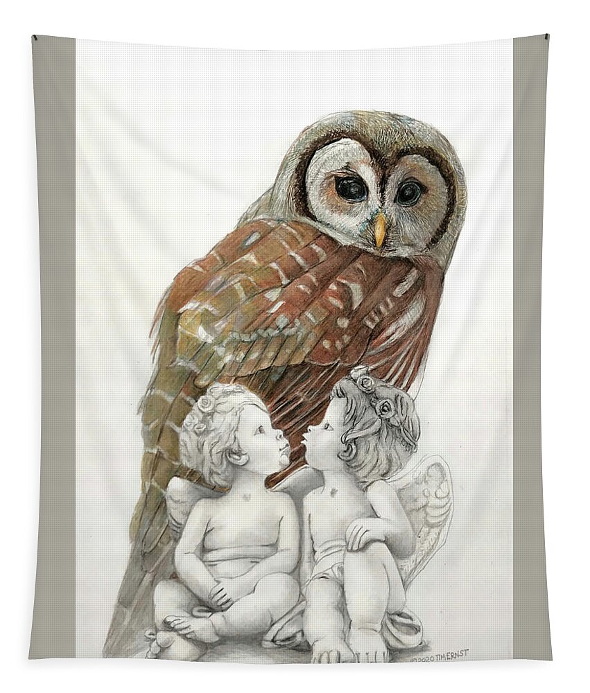 Prey Tapestry featuring the drawing The Owl-guardian or predator by Tim Ernst