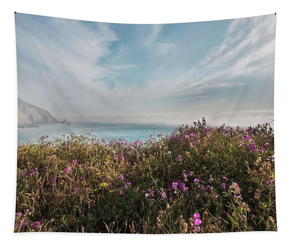 Clouds Tapestry featuring the photograph The Pacific Coastline Wildflowers in Soft Hues by Debra and Dave Vanderlaan