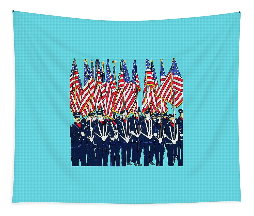 Usa Firemen Memorialday Flag America Americanflag Flags Parade Memorialdayparade Tapestry featuring the painting The Parade by Mike Stanko