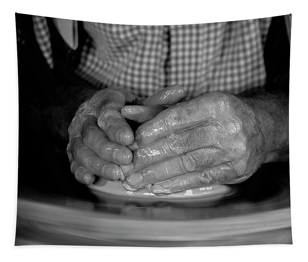 Black And White Tapestry featuring the photograph The Potter's Hands by Regina Muscarella