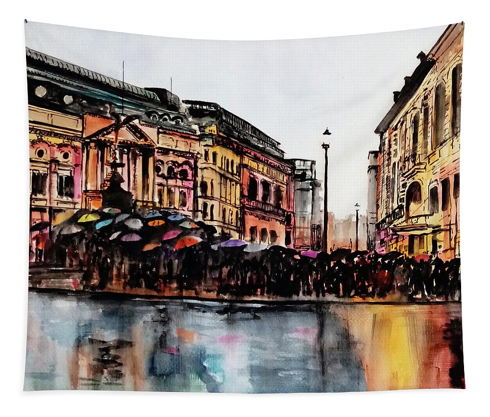  Tapestry featuring the painting The Protest Under Raining in Piccadilly Circus London UK by Francisco Gutierrez