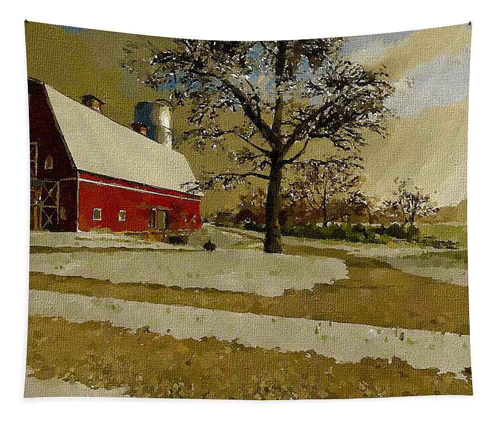 Winter Tapestry featuring the painting The Red Barn by Charlie Roman