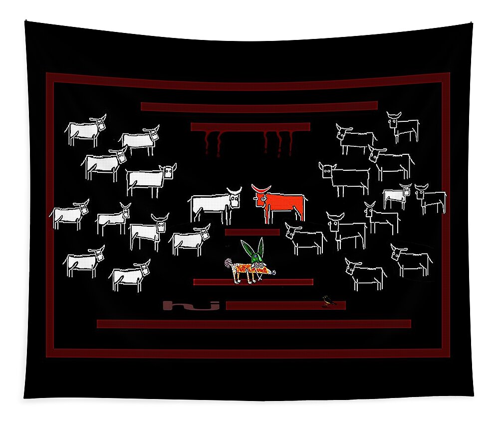 Bull Tapestry featuring the drawing The Red Bull... by Hartmut Jager