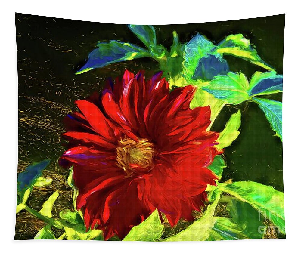 Flower Tapestry featuring the photograph The Red Dahlia in Sunrise Light by Diana Mary Sharpton
