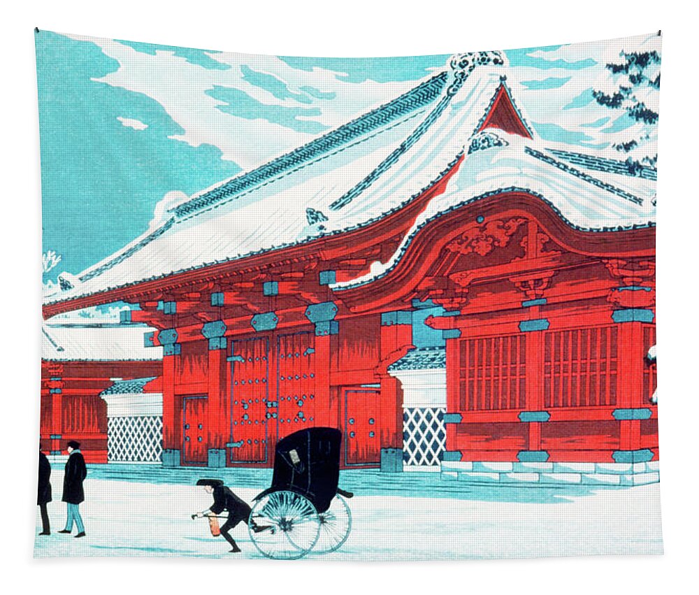 Japan Tapestry featuring the painting The Red Gate of Hongo in Snow by Hiroaki Takahashi