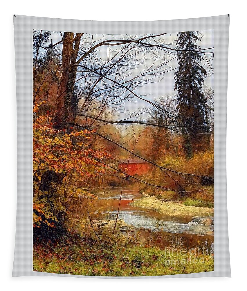 Bridge Tapestry featuring the photograph The Red Wooden Bridge During Autumn by Claudia Zahnd-Prezioso