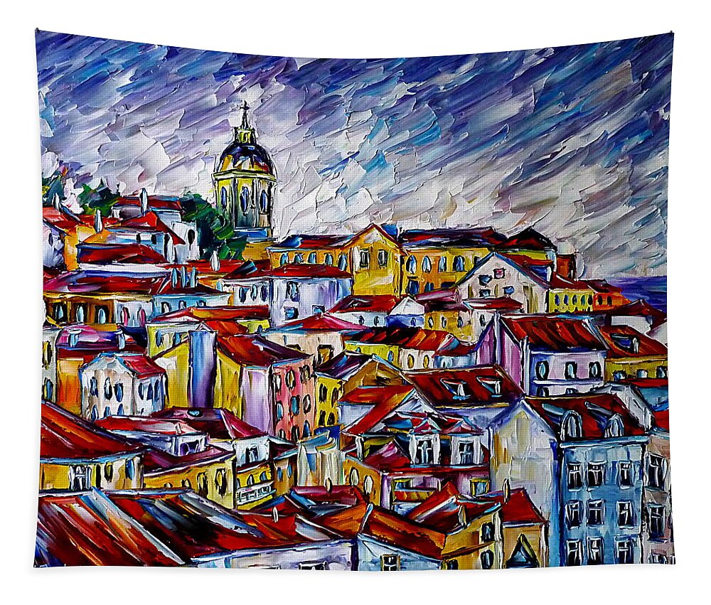 Lisbon From Above Tapestry featuring the painting The Roofs Of Lisbon by Mirek Kuzniar
