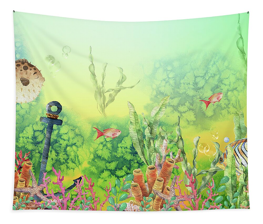 Underwater Tapestry featuring the mixed media The Royal Angelfish Swims To A New Coral Reef by Johanna Hurmerinta