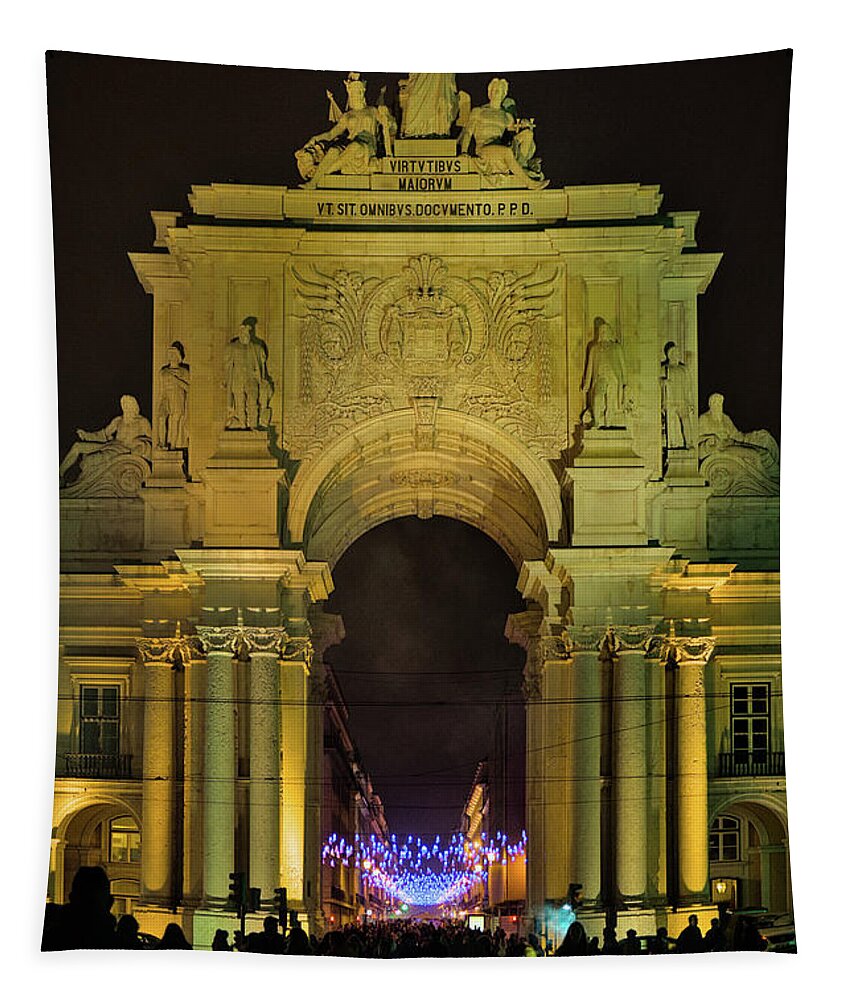 Lisbon Tapestry featuring the photograph The Rua Augusta Arch at Night in Lisbon by Angelo DeVal
