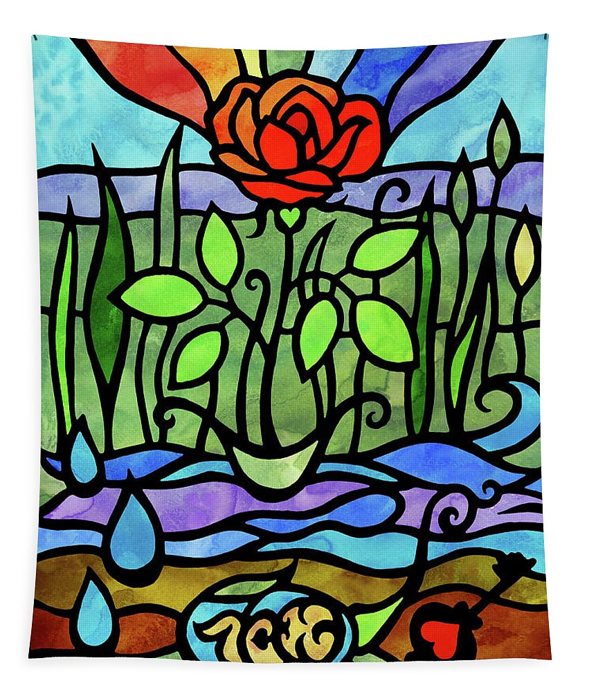 Tiffany Tapestry featuring the painting The Seed Of Love In Rose Garden Stained Glass Tiffany Style Watercolor by Irina Sztukowski