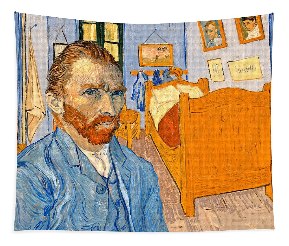 Bedroom In Arles Tapestry featuring the digital art The self-portrait of Vincent van Gogh in front of the Bedroom in Arles - digital recreation by Nicko Prints