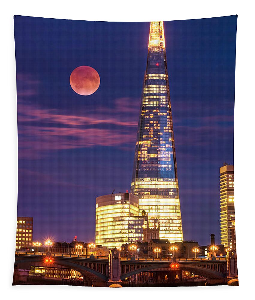London Tapestry featuring the photograph The Shard and red moon, London by Neale And Judith Clark