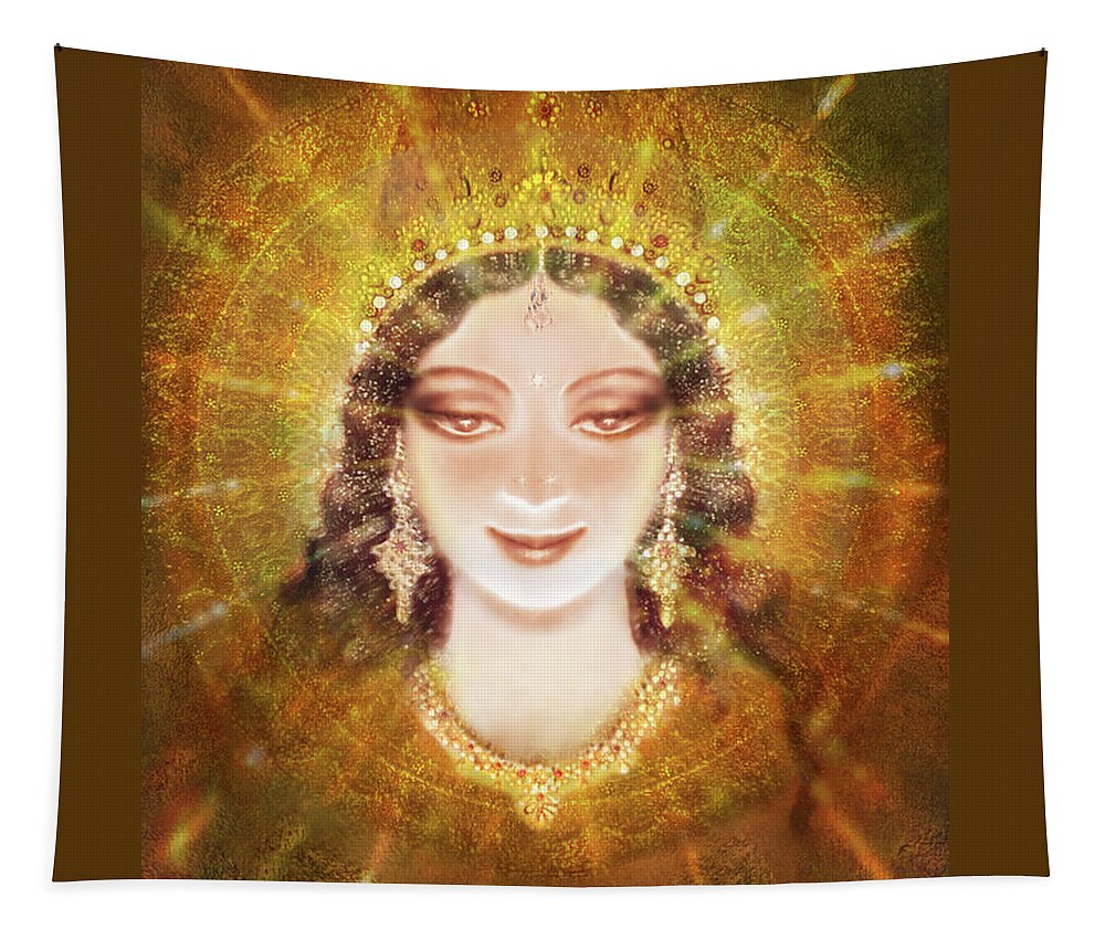 Mandala Tapestry featuring the mixed media The Smile of the Goddess by Ananda Vdovic