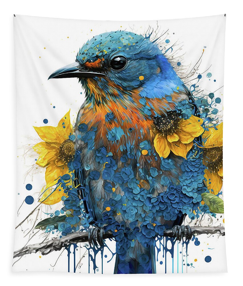 Eastern Bluebird Tapestry featuring the painting The Sunflower Bluebird by Tina LeCour