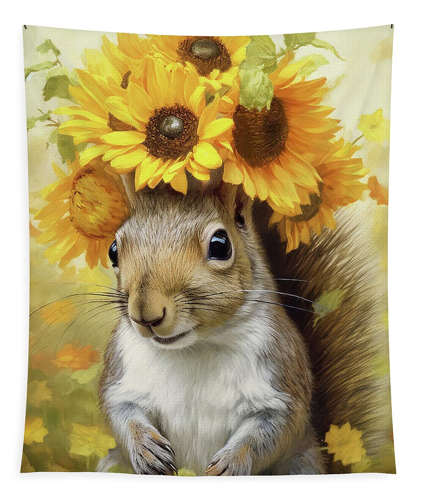 Squirrel Tapestry featuring the painting The Sunflower Girl by Tina LeCour