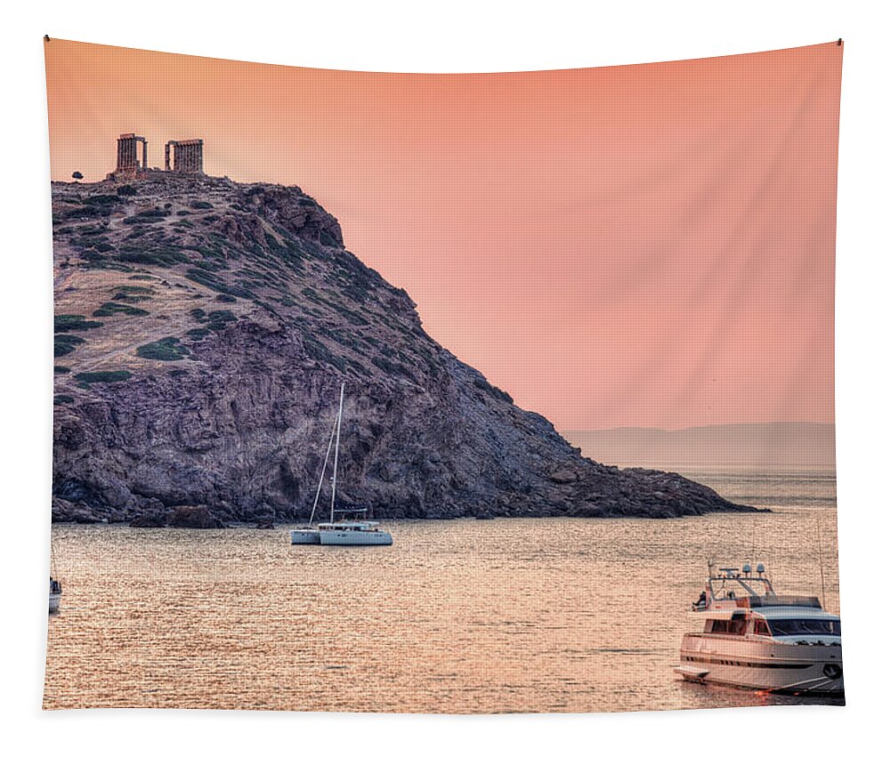 Aegean Tapestry featuring the photograph The sunrise in Sounio, Greece by Constantinos Iliopoulos