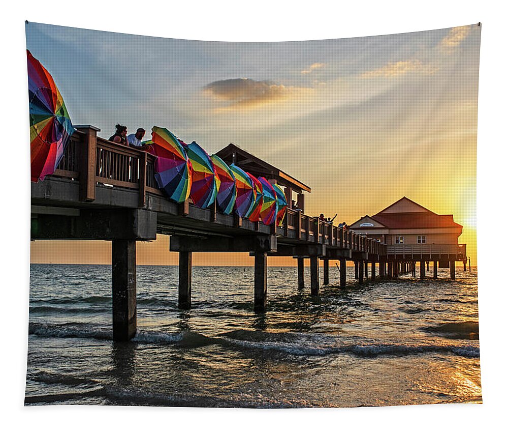 Clearwater Tapestry featuring the photograph The Sunset at the Clearwater Beach Pier Clearwater Florida Beach Umbrellas by Toby McGuire