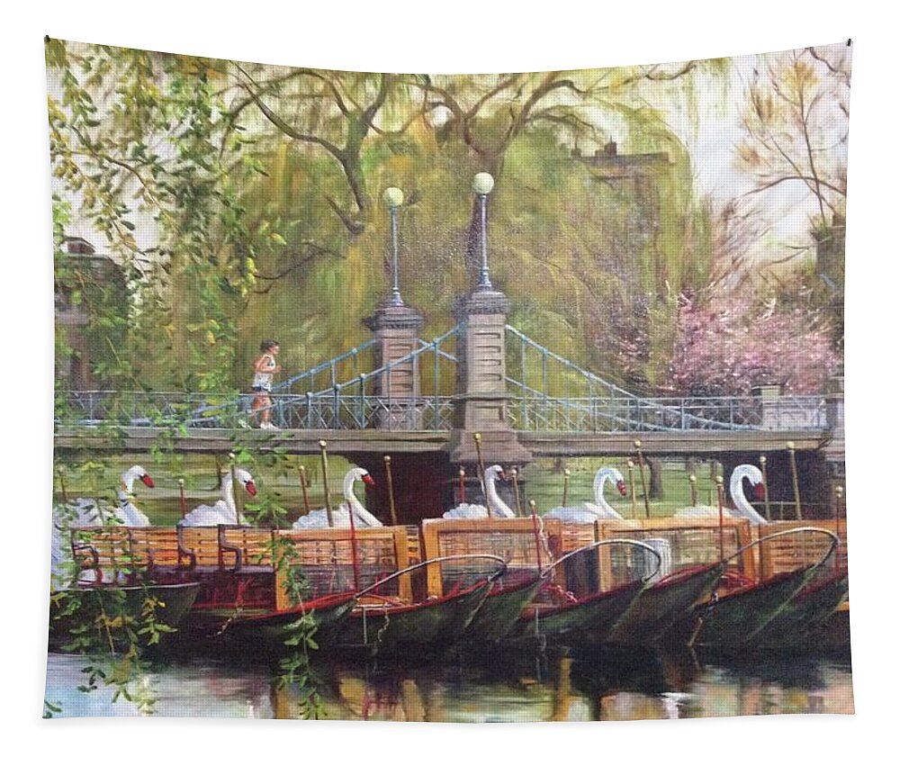 Boston Tapestry featuring the painting The Swan Boats by Judy Rixom
