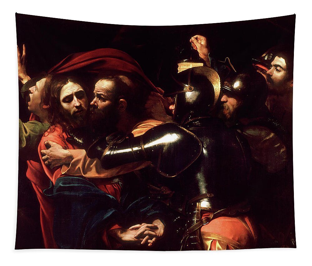 Passion Tapestry featuring the painting The Taking of Christ by Michelangelo Merisi da Caravaggio