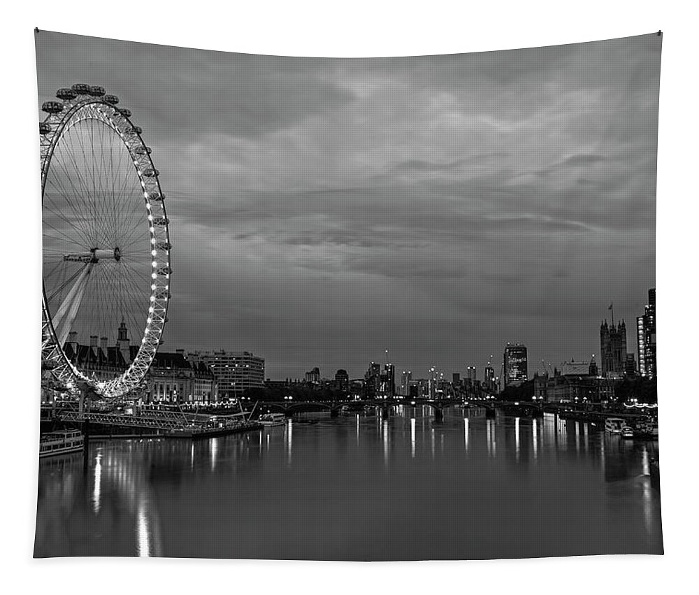London Tapestry featuring the photograph The Thames River London Eye England UK Dramatic Sky Black and White by Toby McGuire