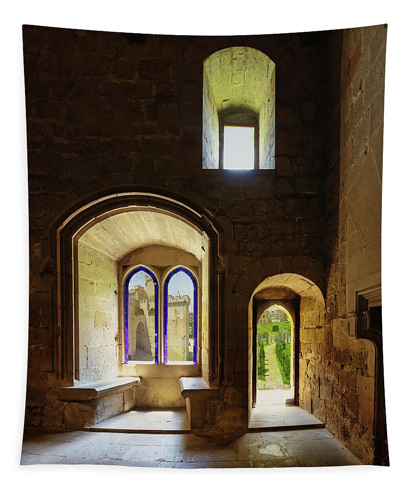 Roman Tapestry featuring the photograph The three windows hall - Olite Palace by Micah Offman