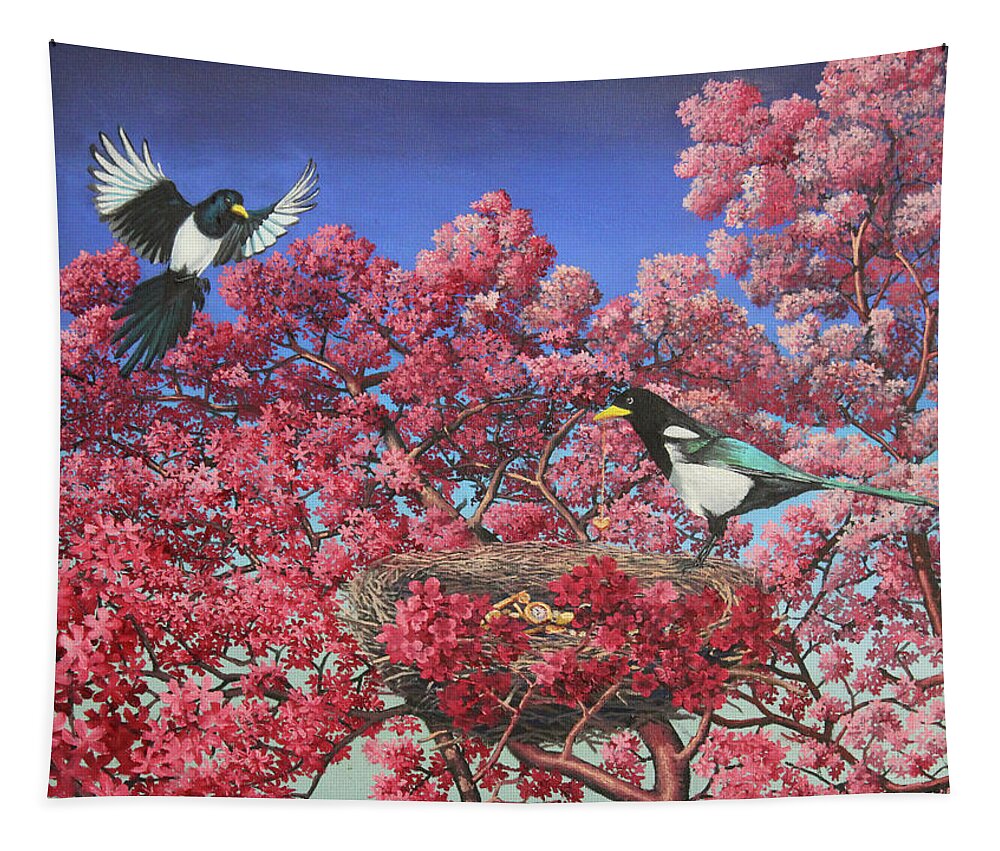 Magpie Tapestry featuring the painting The Treasure Hunters by Michael Goguen