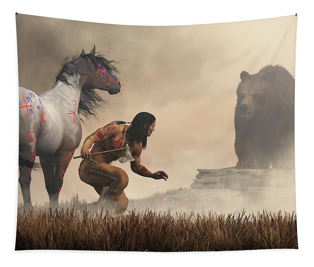 Native American Tapestry featuring the digital art The Warrior and the Bear by Daniel Eskridge