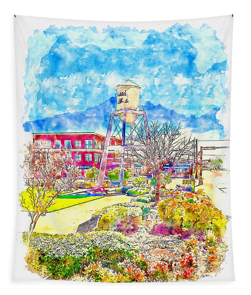 Water Tower Tapestry featuring the digital art The Water tower in Market Square, Grand Prairie, Texas - pen sketch and watercolor by Nicko Prints