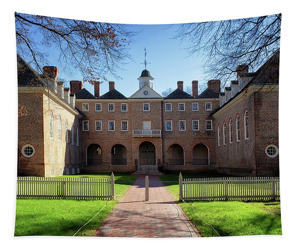 Wren Building Tapestry featuring the photograph The Wren Building Courtyard - Williamsburg, Virginia by Susan Rissi Tregoning