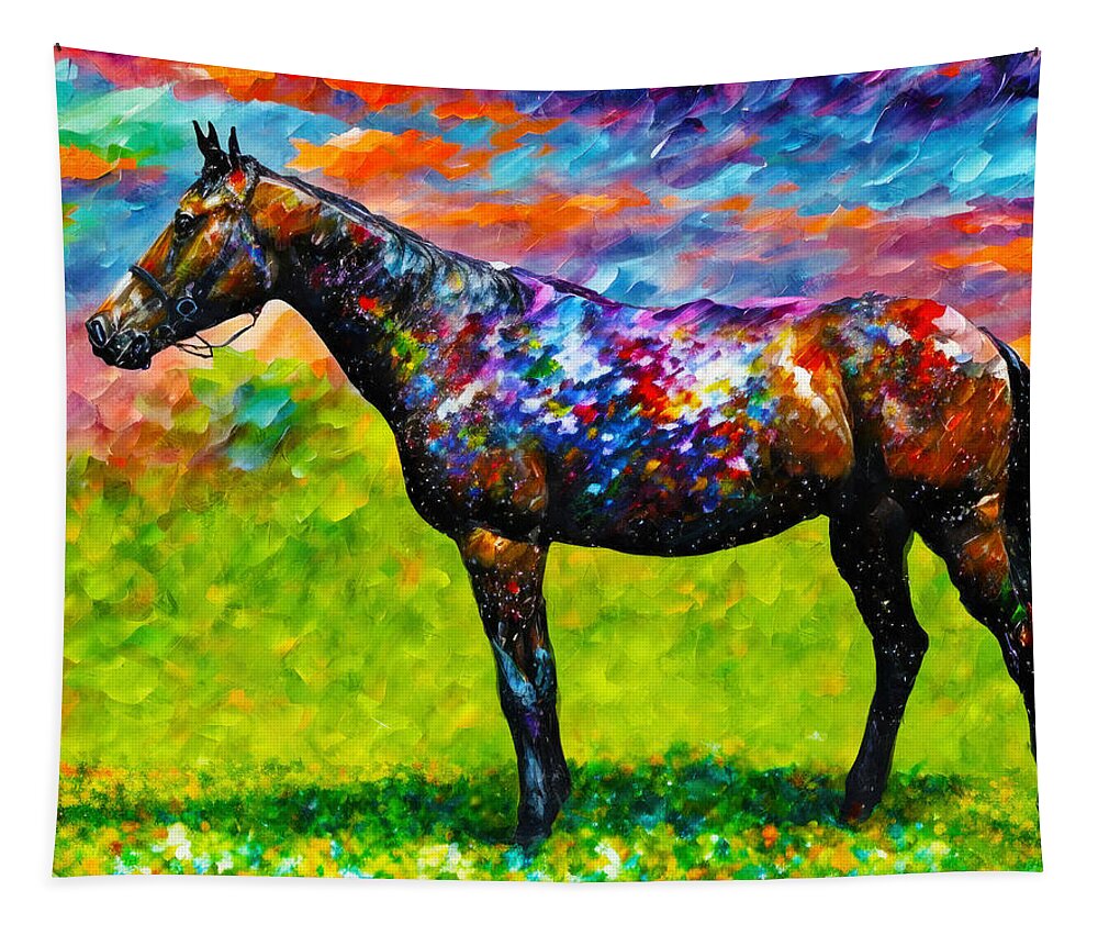 Thoroughbred Tapestry featuring the digital art Thoroughbred horse on a pasture - colorful abstract painting by Nicko Prints