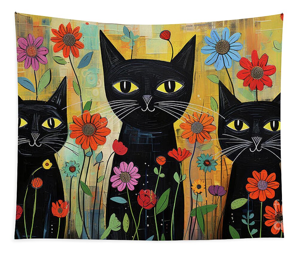Cat Tapestry featuring the painting Three Black Cat Friends by Tina LeCour