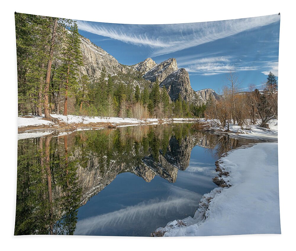 Yosemite Tapestry featuring the photograph Three Brothers Winter Reflection by Kenneth Everett
