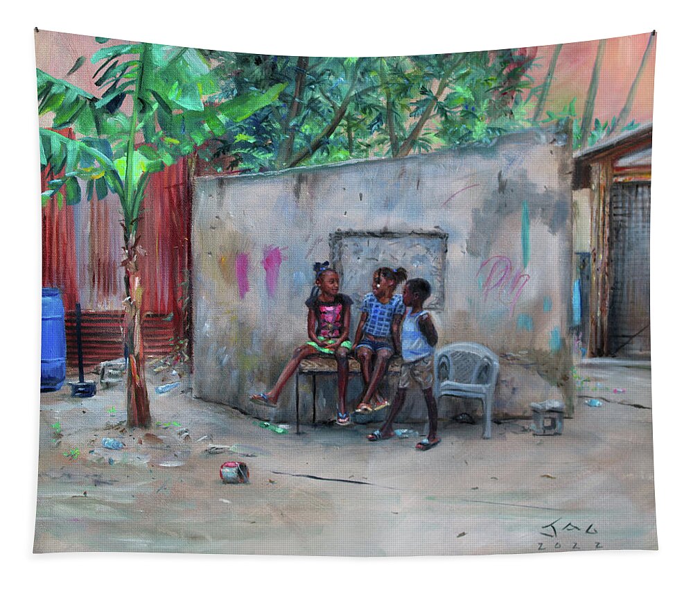 Caribbean Tapestry featuring the painting Three Children at Labatwi by Jonathan Gladding JAG