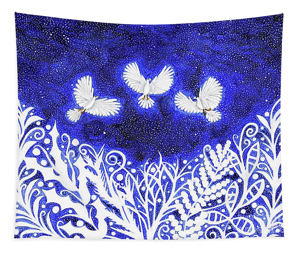 Doves Tapestry featuring the painting Three Doves Flying Over the Lace by Lise Winne