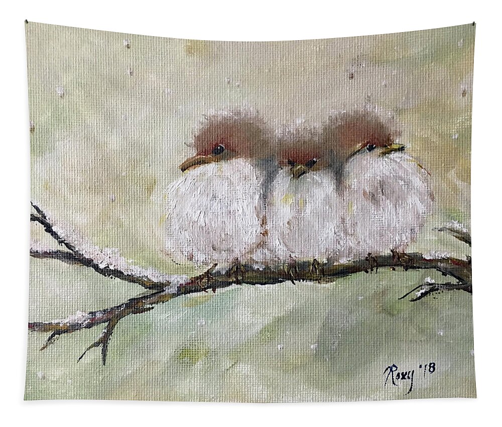 Fairy Wrens Tapestry featuring the painting Three Fat Fluffballs by Roxy Rich